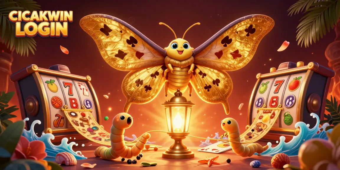 CICAKWIN LOGIN featuring a vibrant 3D cartoon illustration of a golden-winged moth amidst dazzling slot game symbols and rich casino elements.