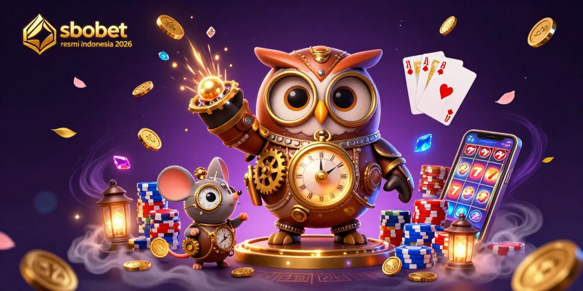 Experience sbobet resmi indonesia 2026 with a time-traveling owl in a vibrant casino illustration.