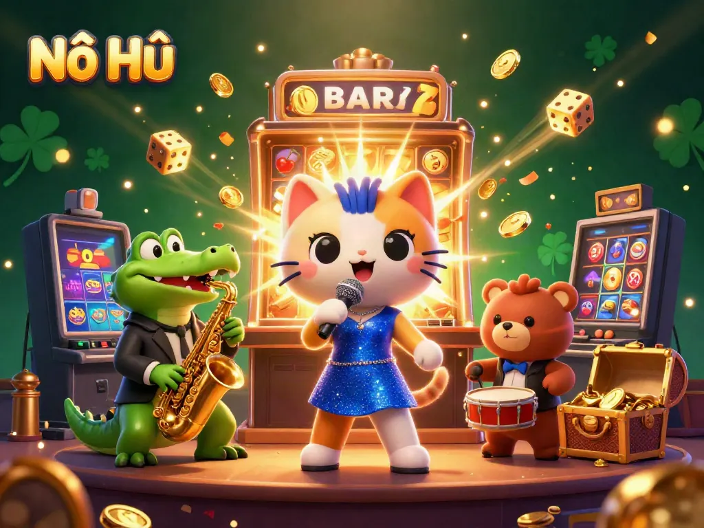 Nổ Hũ scene with a singing cat, a saxophone crocodile, and a drumming bear amidst a casino backdrop and jackpot explosion.
