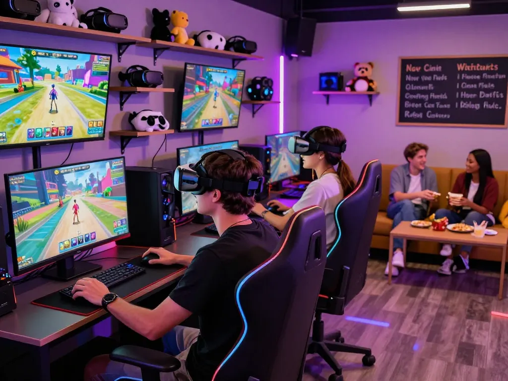 Gamer immersed in interactive game sex simulation at a vibrant gaming lounge.