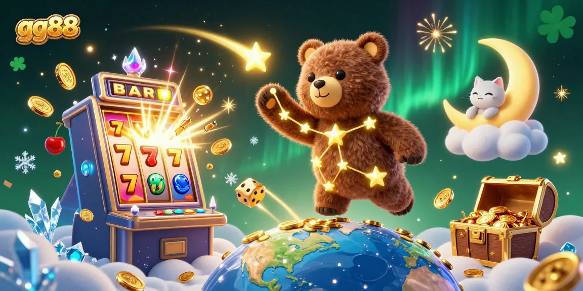 Witness the attractive GG88 universe as it bursts with casino excitement, showcasing slot machines and enchanting characters.
