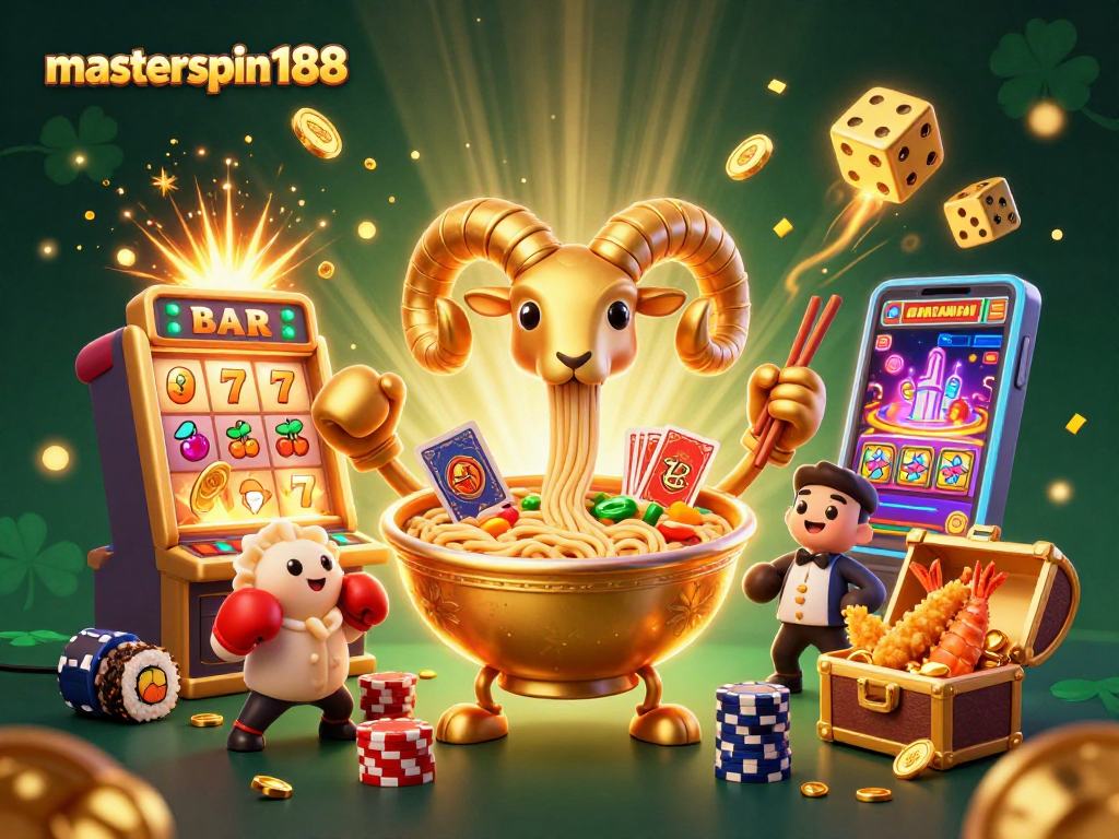 masterspin188 features a vibrant 3D casino scene with a golden ramen bowl and exciting game elements.