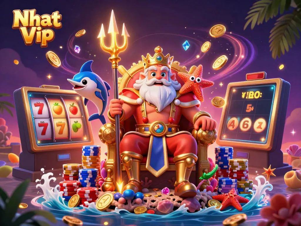 Nhat Vip showcases a vibrant online casino scene featuring Neptune with golden coins and colorful chips.