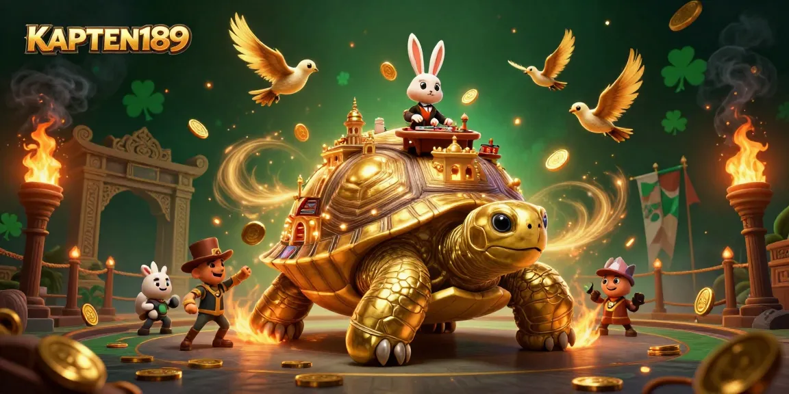 KAPTEN189 menampilkan ilustrasi 3D kasino dengan kura-kura emas raksasa dan dealer kelinci, dikelilingi oleh koin emas.