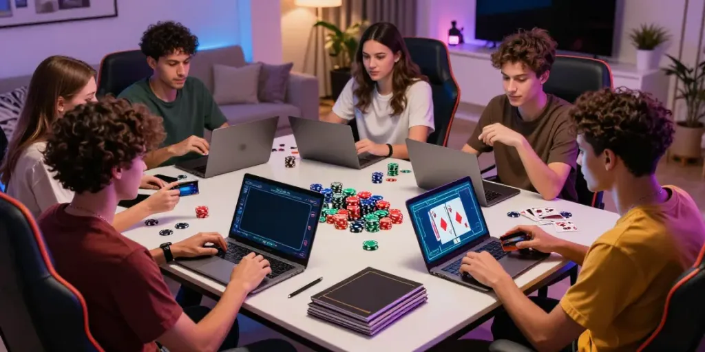 Group enjoying online casinos that take credit cards, surrounded by gaming gear.