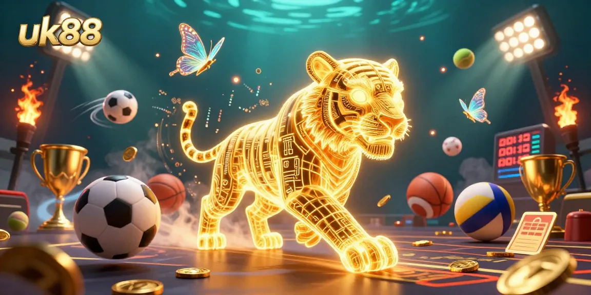 Engage with uk88's electrifying digital casino experience alongside a glowing tiger and holographic details.
