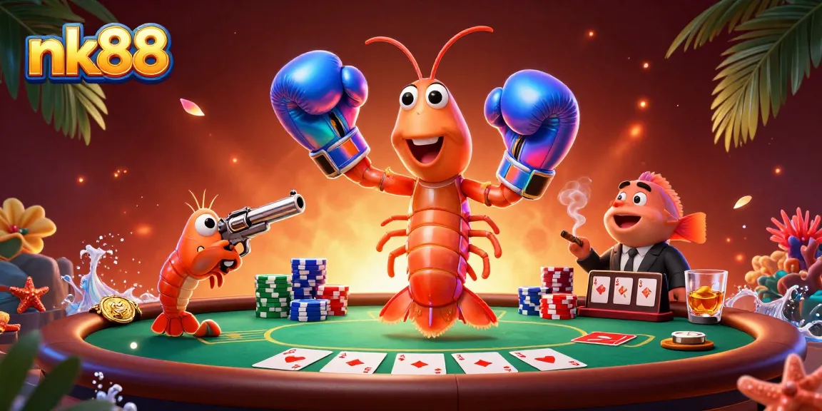 Win with nk88 in an exciting casino scene featuring vibrant poker elements and lively characters.