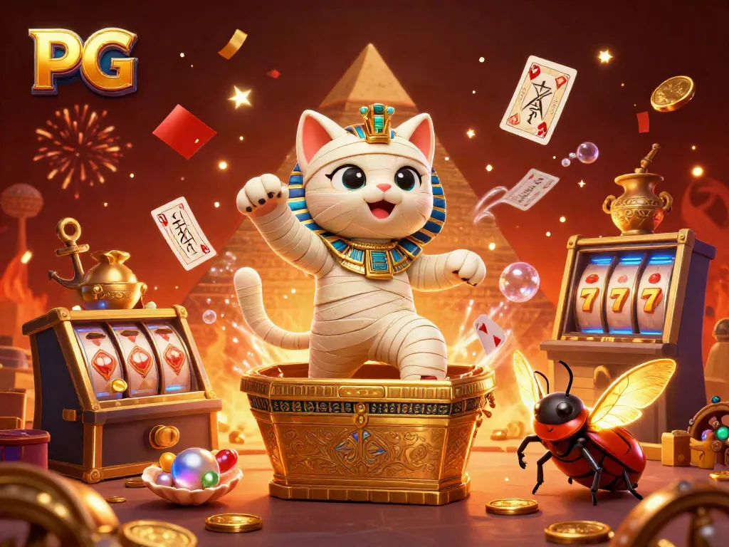 Experience PG สล็อต thrills with an Egyptian mummy cat in a vibrant casino setting filled with slot machine elements.