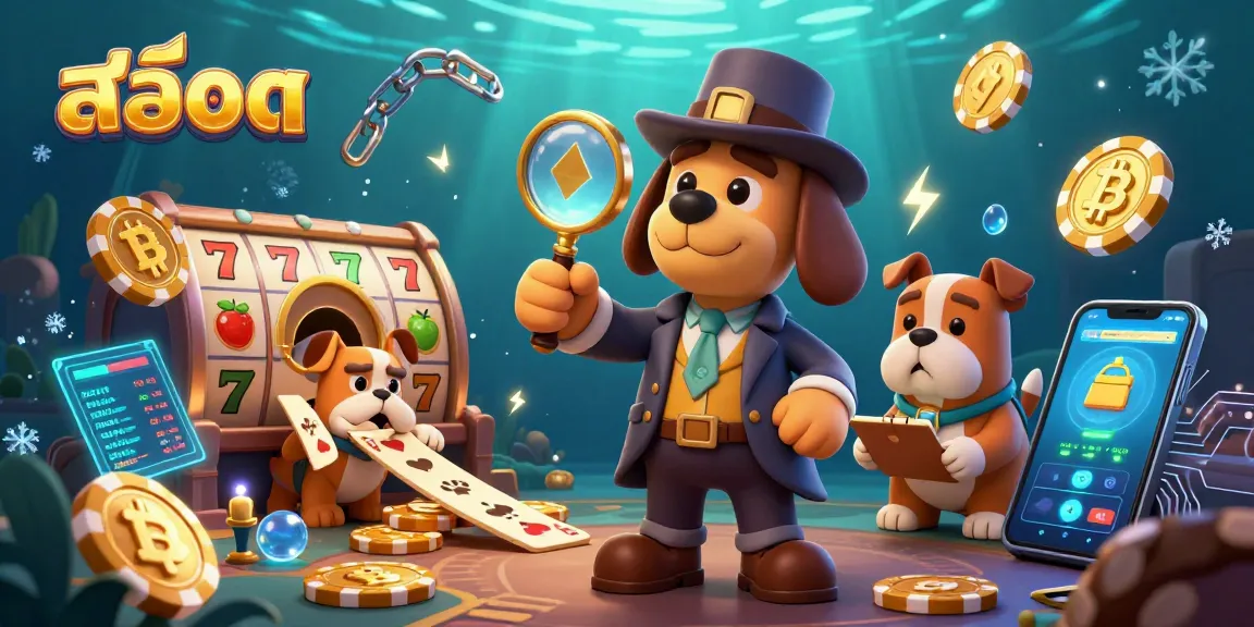 Engage withสล็อต through this vibrant 3D illustration depicting a detective and bulldog discovering poker clues amid colorful gambling elements.