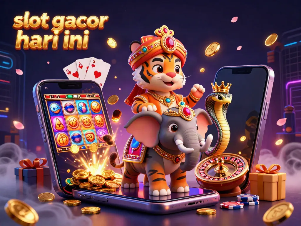 Engaging 3D scene of slot gacor hari ini featuring a maharaja tiger, jewel-encrusted elements, and fantastic casino symbols.