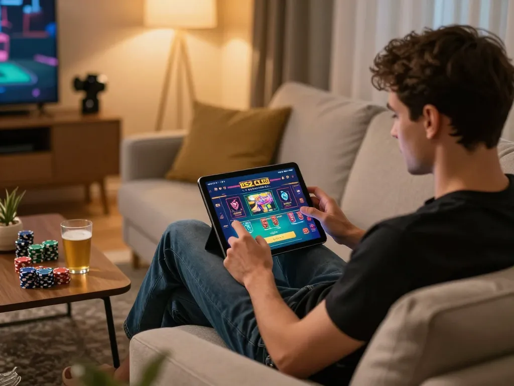 B52 Club player engaging in online gambling on tablet, showcasing a cozy home environment.