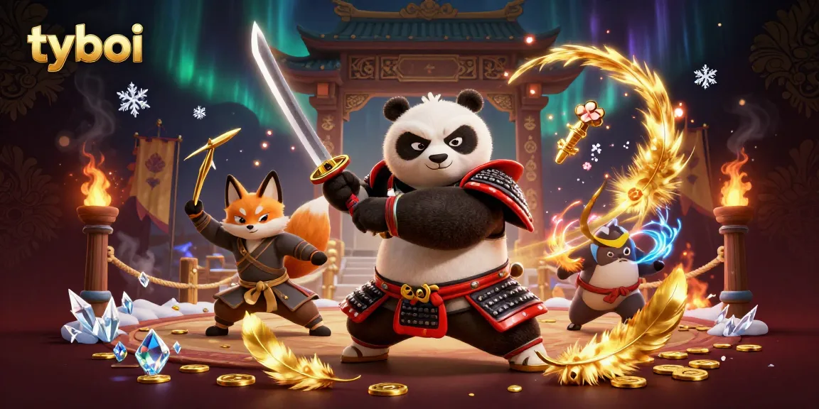 Experience thrilling tyboi action with a dynamic illustration showcasing a samurai panda, ninja fox, and magical tanuki in a rich casino setting.