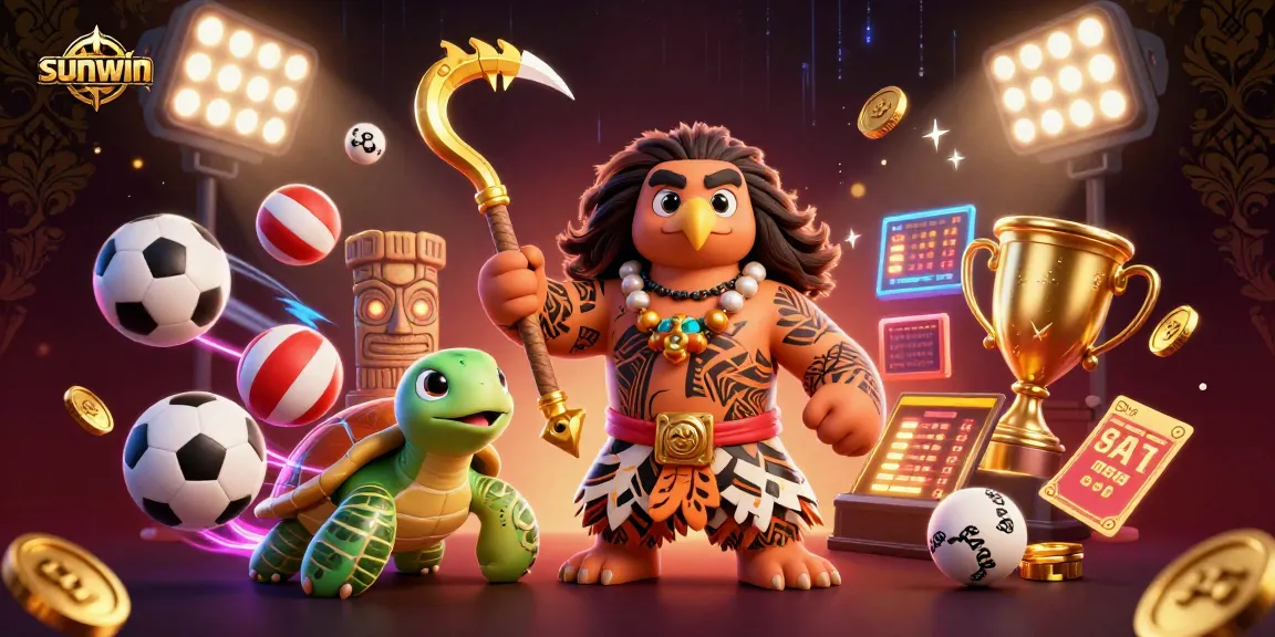 Engage with sunwin's vibrant 3D illustration featuring a Polynesian hawk and sports elements.