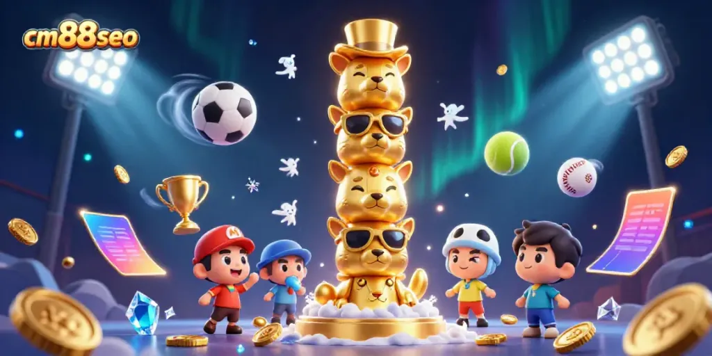 Engage with cm88seo's vibrant casino scene featuring a golden totem and dynamic sports betting elements.