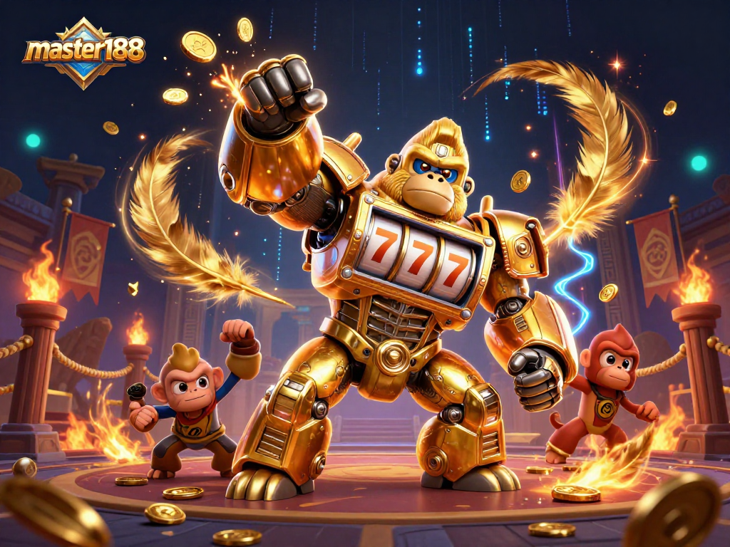 Experience the excitement of master188 as the golden gorilla mech bursts through coins in a vibrant casino arena.