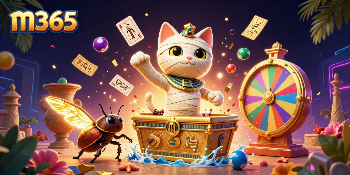m365 brings excitement with a dynamic 3D illustration featuring a mummy cat and casino elements.