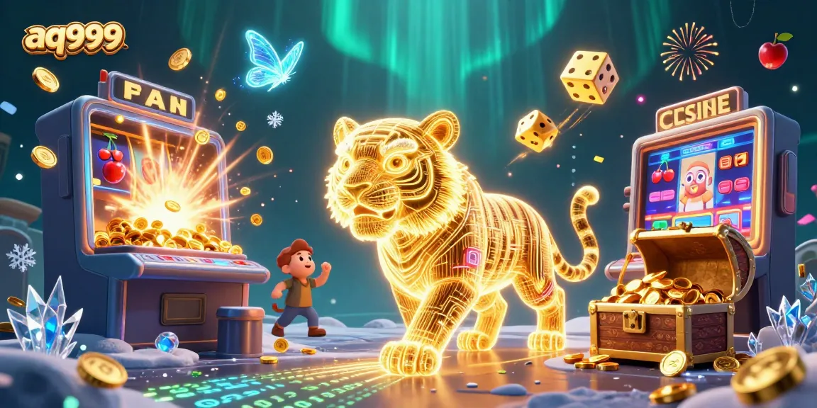 Aq999 brings excitement to online gaming with vibrant slot machines and a neon tiger in a dazzling casino.