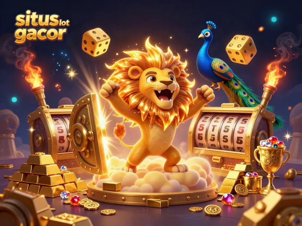 Experience the thrill of situs slot gacor through a vibrant 3D casino scene filled with treasures and jackpots.