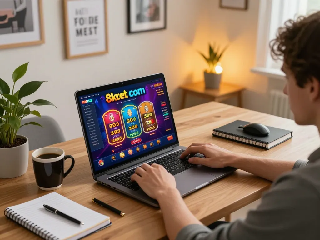 Engaged player using 8kbet com for online casino gaming in a cozy home office setting.