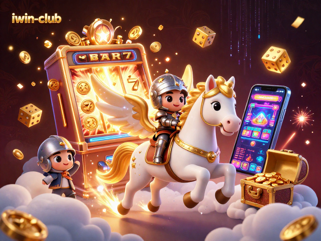 Experience the excitement of iwin-club as the magical knight rides a celestial horse among vibrant casino symbols.