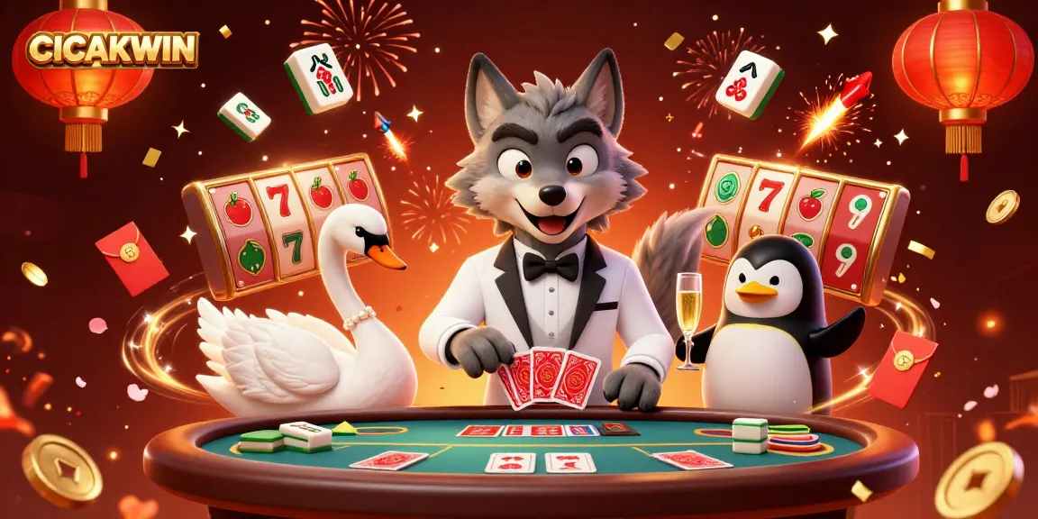 CICAKWIN slots scene featuring a debonair wolf and elegant swan celebrating wins at a vibrant baccarat table