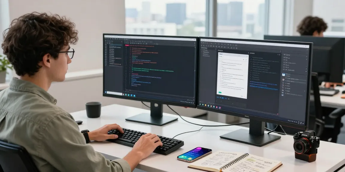 快连 tech workspace showcasing a developer coding on dual monitors with a modern office setup.