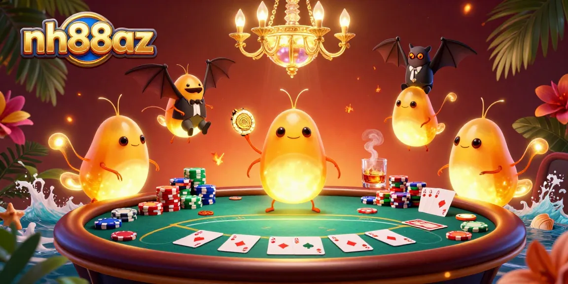 Join the vibrant world of gambling at nh88az with colorful glowworms lighting up the poker table and a bat dealer overseeing the action.