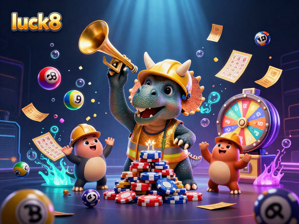 Luck8 features an energetic scene of a triceratops building poker chips while celebrating with friends, ideal for a casino audience.