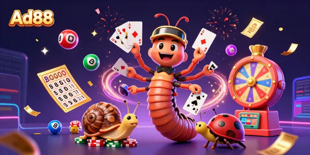 A dynamic Ad88 gambling scene showcasing a millipede dealer, snail high-roller, and pill bug with colorful lottery elements.