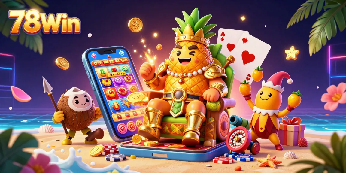 Join the fun at 78Win with golden coins erupting as players spin slot games and enjoy a tropical casino atmosphere.