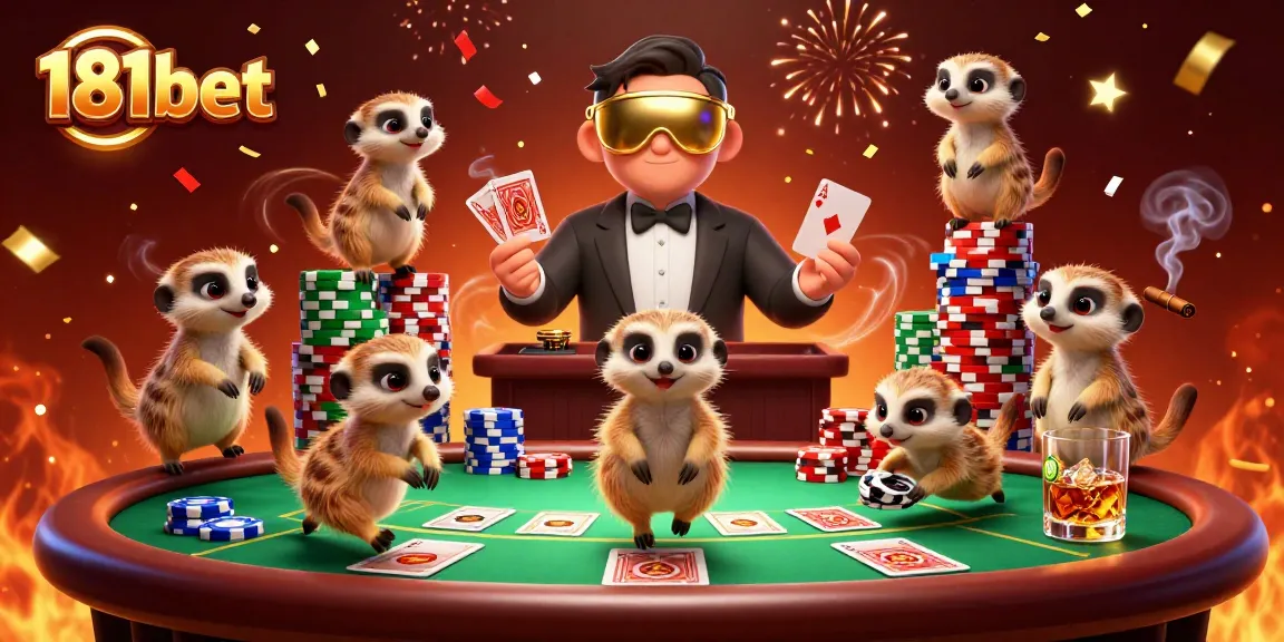 Experience the excitement of 181bet with meerkats operating a vibrant casino scene filled with poker elements.