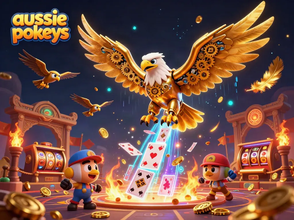 Engage with aussie pokies illustrated by a cybernetic eagle soaring through dynamic casino elements.