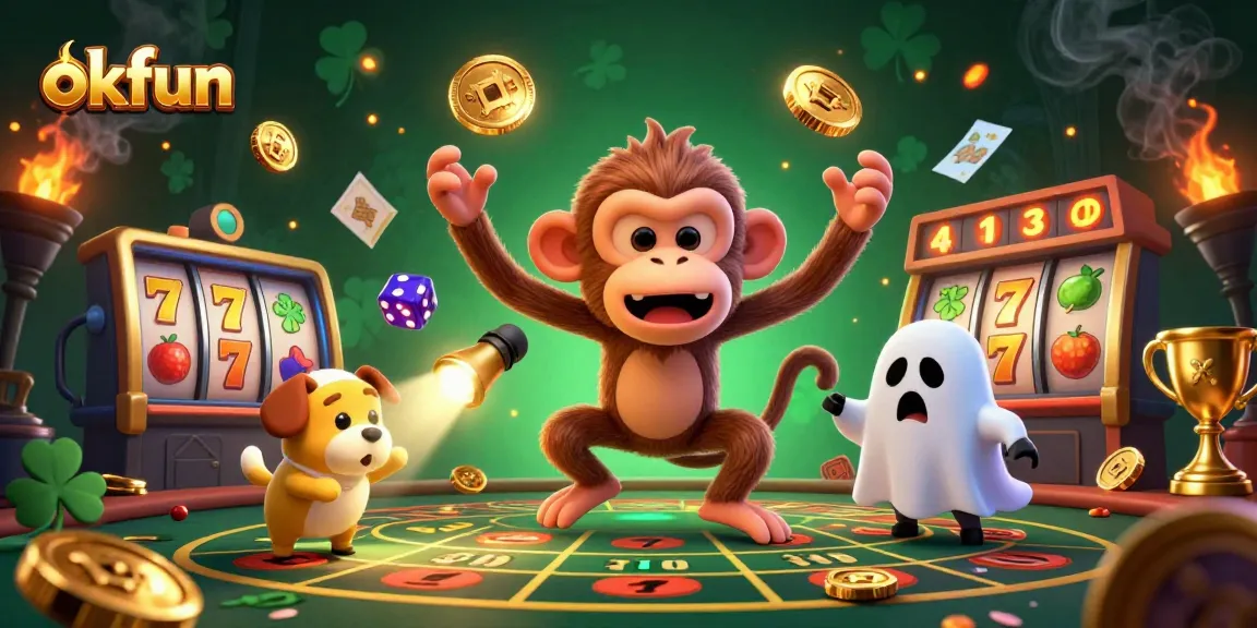 Experience the thrill of okfun casino adventures with a cartoon monkey juggling gold while a ghost-hunter puppy tracks it.