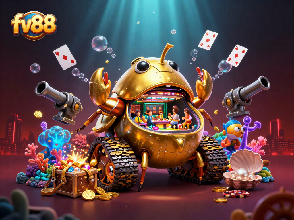 Experience exhilarating gaming at fv88 with a vibrant 3D casino illustration featuring unique characters and rich details.