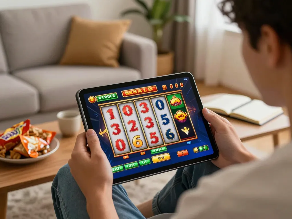 Player enjoying online slot pulsa on a tablet in a cozy living room, showcasing vibrant graphics and engagement.