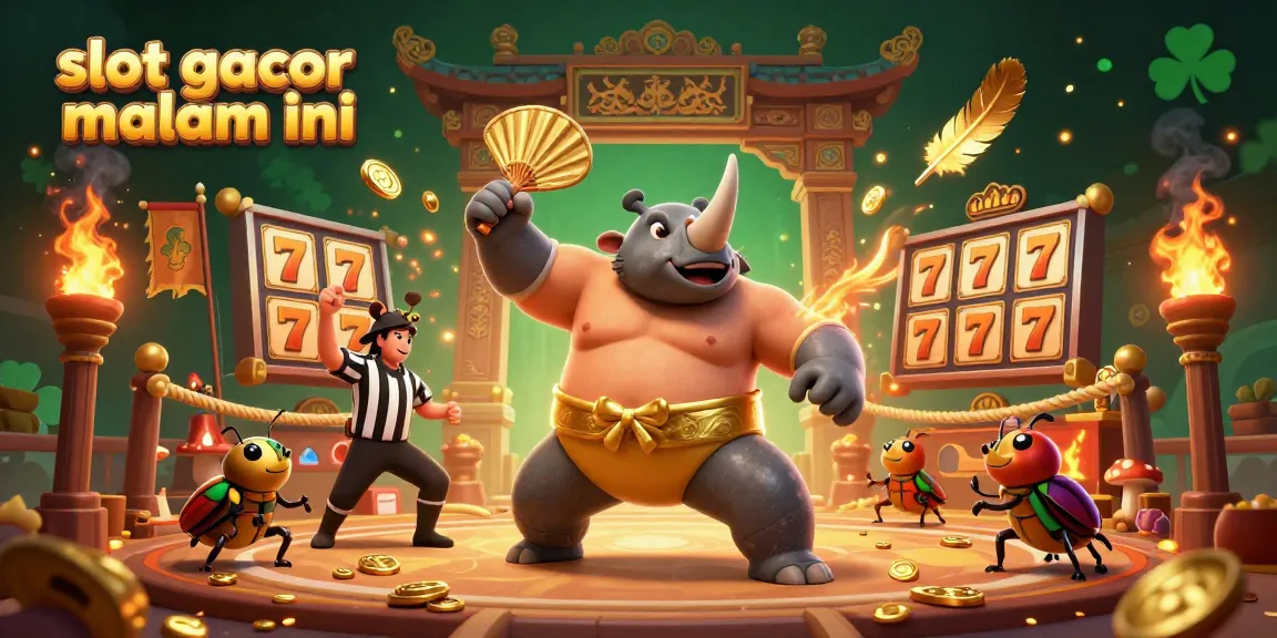Experience the excitement of slot gacor malam ini with a vibrant scene featuring a beetle champion amidst gold coins and dynamic game elements.