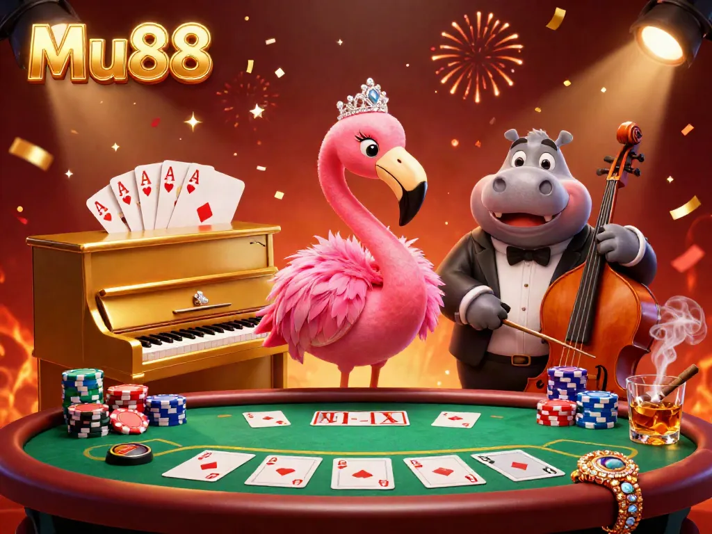 Experience the vibrant Mu88 casino atmosphere featuring lively characters, poker tables, and festive elements.