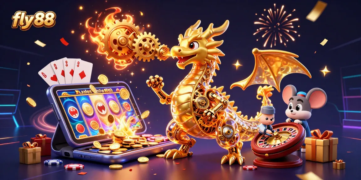Experience thrilling ways to win at fly 88 with a vibrant 3D casino-themed illustration filled with games and rewards.