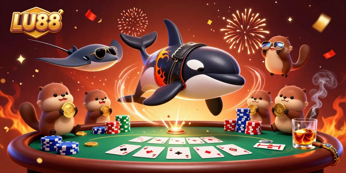 LU88 showcases thrilling casino action with a dynamic orca, stingray, and otters celebrating wins.
