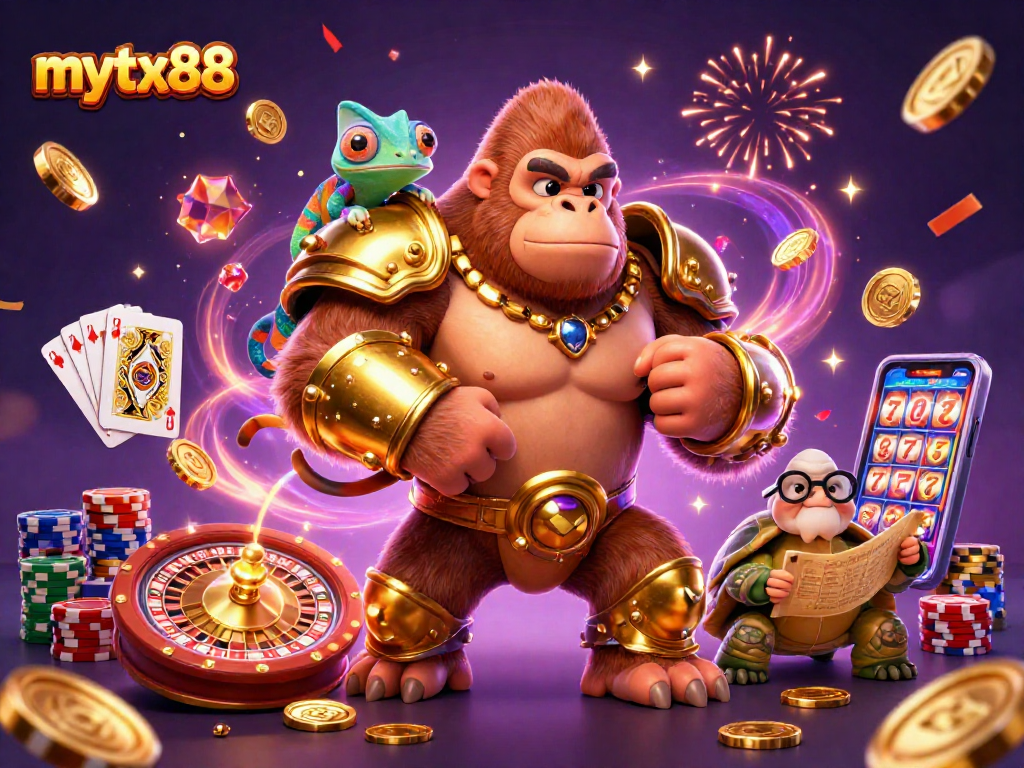 Engage with mytx88's thrilling casino experience featuring dynamic characters amid gold coins and festive effects.