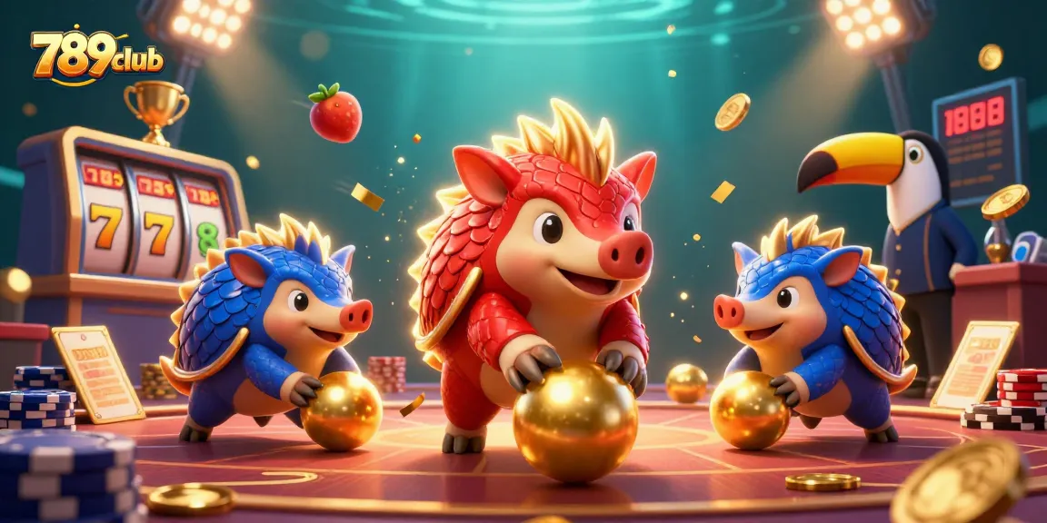 Engage in thrilling gameplay at 789club with dynamic pangolins and vibrant casino elements surrounding them.