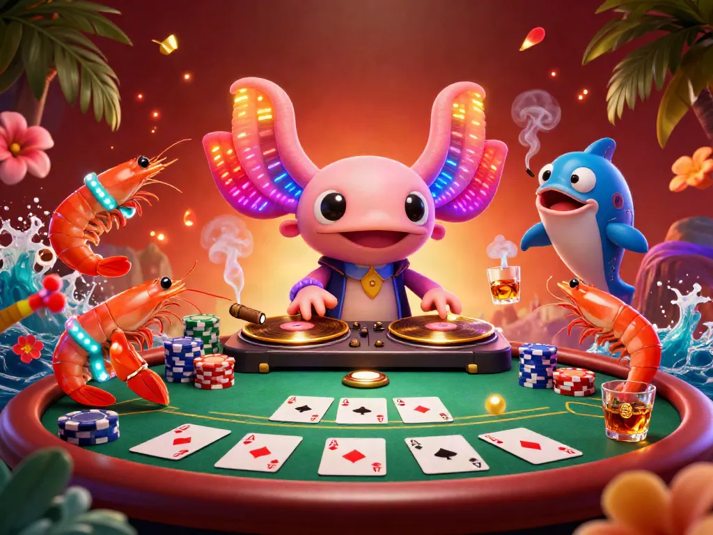 Experience the vibrant online casino atmosphere with a lively DJ axolotl and animated sea creatures.