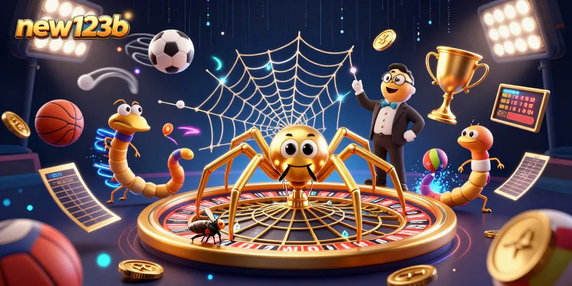 Bet on new123b with excitement as a cartoon spider spins a roulette wheel web.
