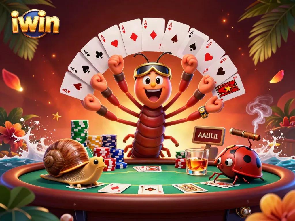 Win big with iwin at a vibrant poker table featuring unique characters.