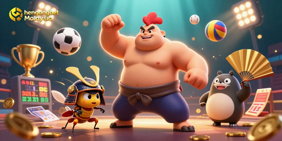 Engage in thrilling gaming at hengongbet Malaysia with a vibrant casino scene featuring a powerful sumo wrestler and samurai cricket.
