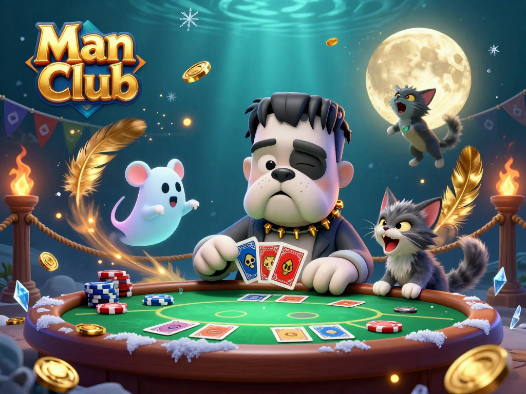 Engage with the Man Club as a 3D cartoon bulldog dealer hosts a thrilling poker game.