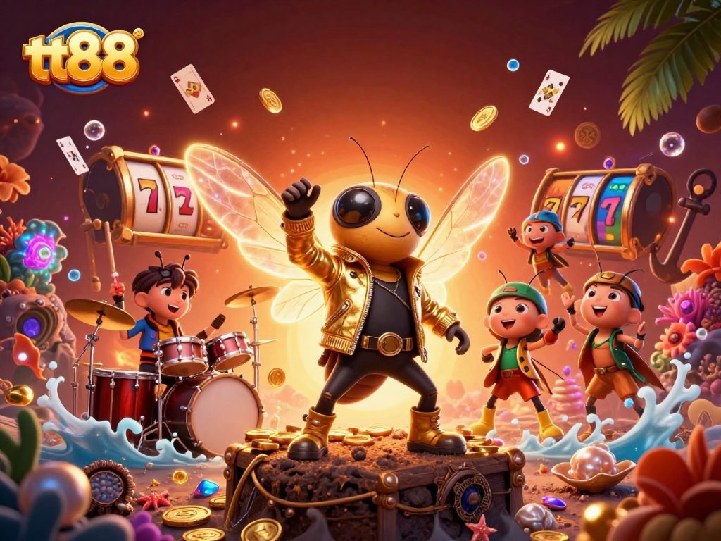 Experience the thrill of tt88 with a vibrant 3D scene featuring a cicada rock star and game elements.
