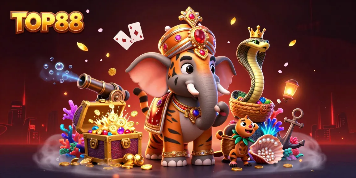 TOP88 features a vibrant illustration of a maharaja tiger and elephant in a dynamic gambling scene filled with treasures and gaming elements.