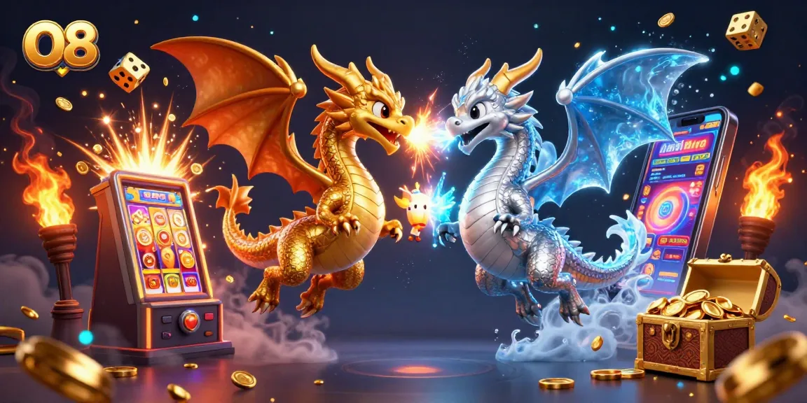 Engage with O8's thrilling gaming experience featuring dynamic dragons, slot machines, and a treasure-filled adventure.
