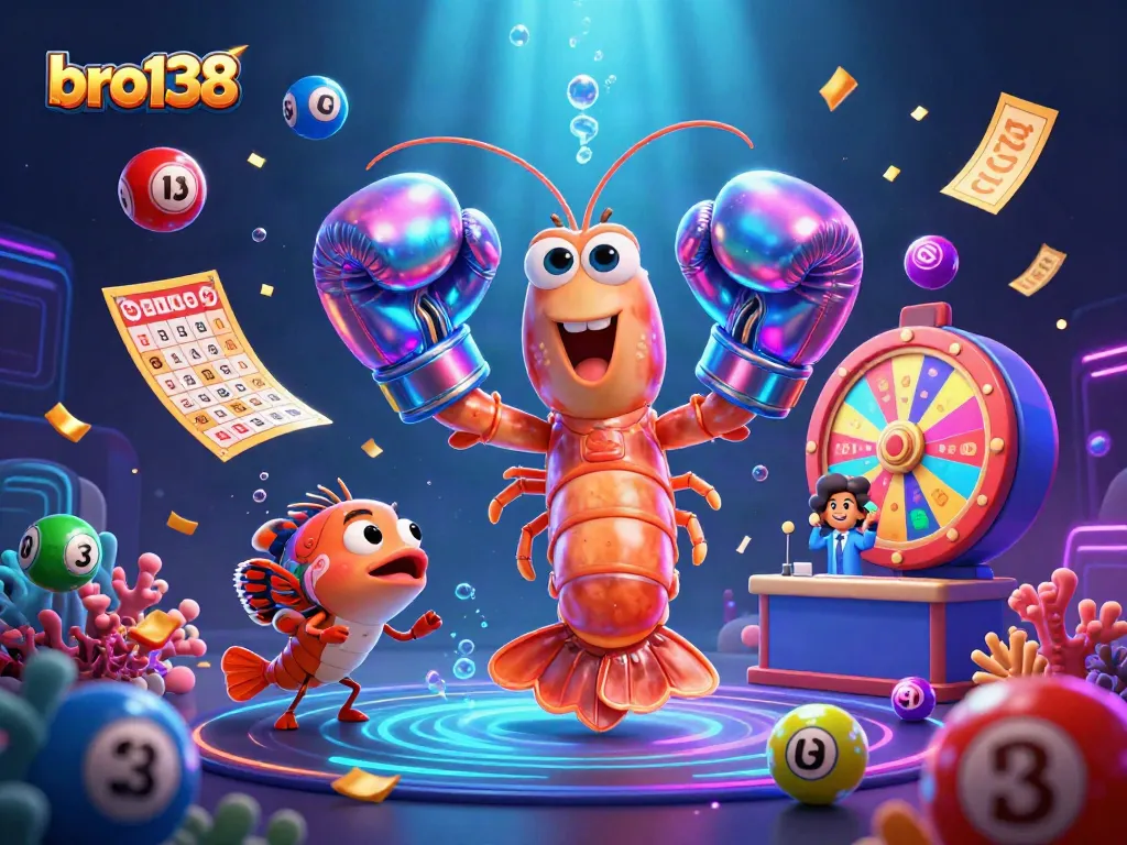 Bro138 players spinning lottery balls and winning big in a dynamic casino scene with vibrant game elements.